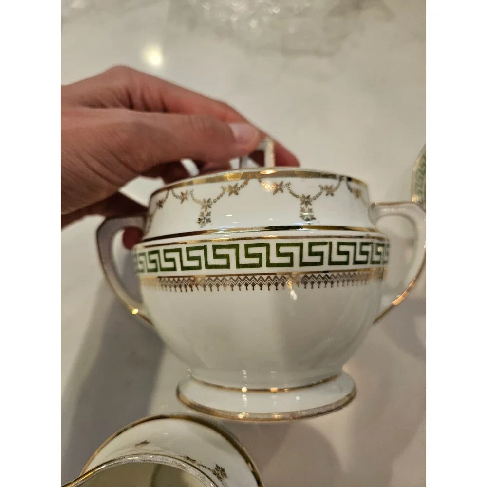 Antique Czech Austria 14 Piece Greek Key Cups Plates Creamer Sugar Porcelain
